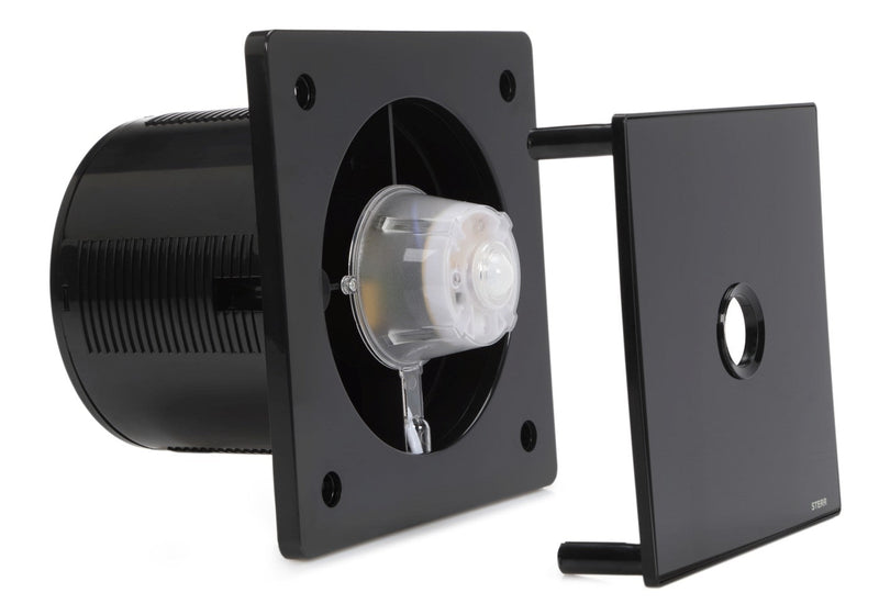 Black bathroom fan 150 mm - Bathroom fan with check valve, PIR motion detector and timer - Quiet operation - BFS150P-B - STERR